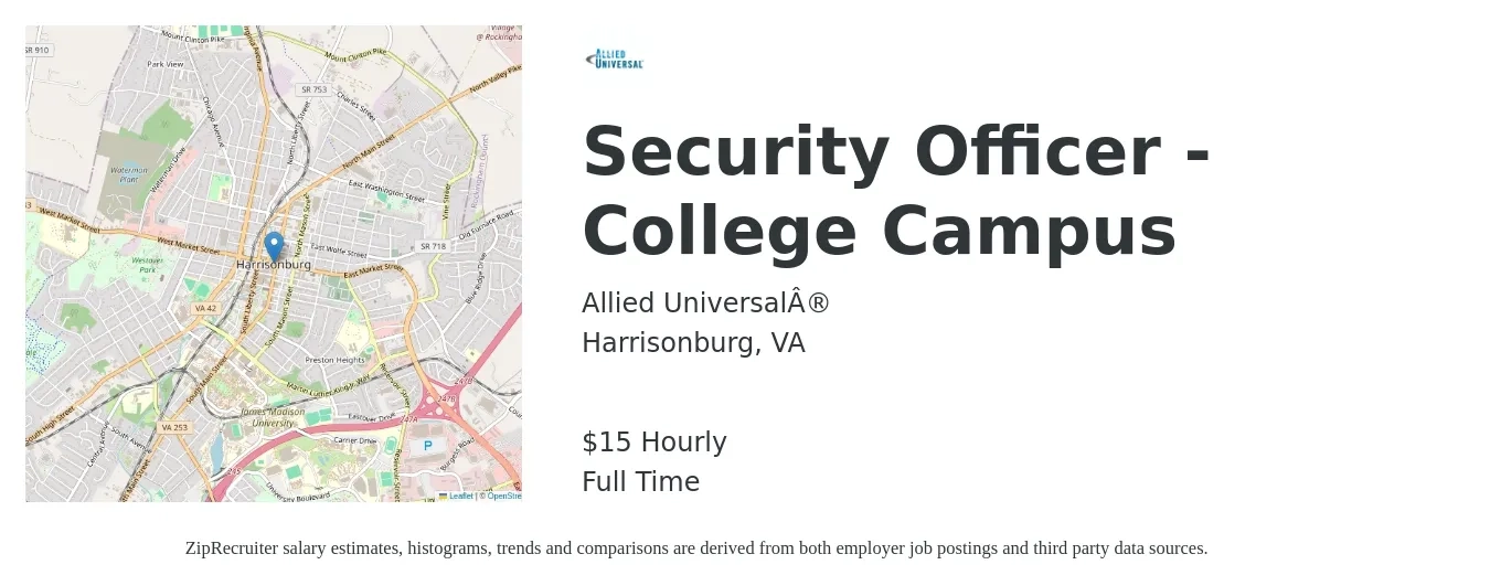 Allied Universal® job posting for a Security Officer - College Campus in Harrisonburg, VA with a salary of $18 Hourly with a map of Harrisonburg location.