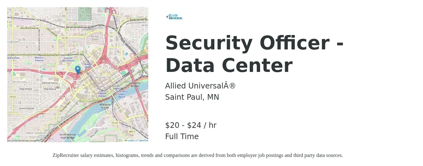 Allied Universal® job posting for a Security Officer - Data Center in Saint Paul, MN with a salary of $21 Hourly with a map of Saint Paul location.