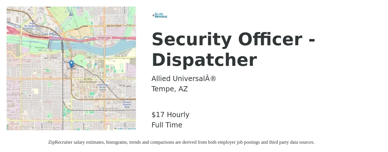 Allied Universal job posting for a Security Officer - Dispatcher in Tempe, AZ with a salary of $18 Hourly with a map of Tempe location.