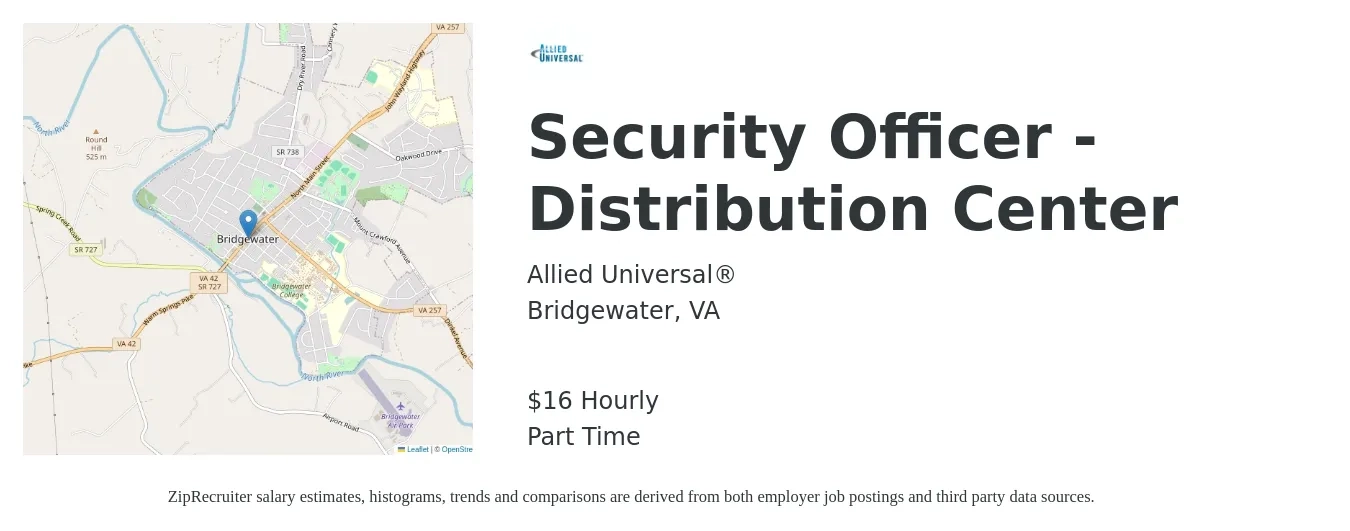 Allied Universal® job posting for a Security Officer - Distribution Center in Bridgewater, VA with a salary of $17 Hourly with a map of Bridgewater location.
