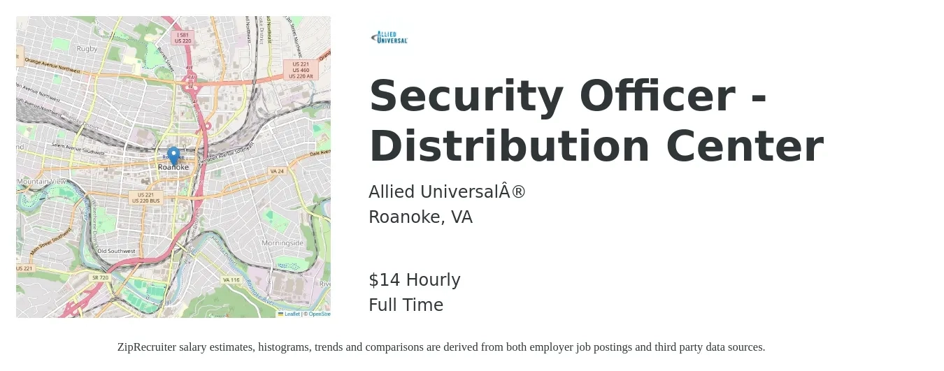 Allied Universal® job posting for a Security Officer - Distribution Center in Roanoke, VA with a salary of $15 to $30 Hourly with a map of Roanoke location.