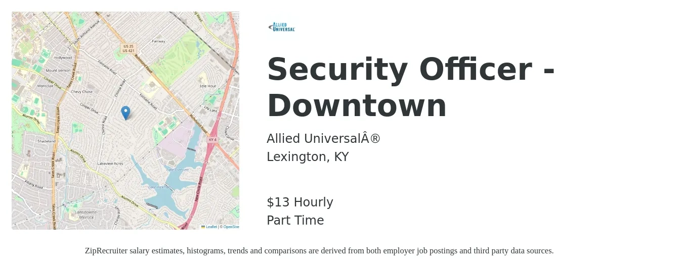 Allied Universal® job posting for a Security Officer - Downtown in Lexington, KY with a salary of $14 Hourly with a map of Lexington location.