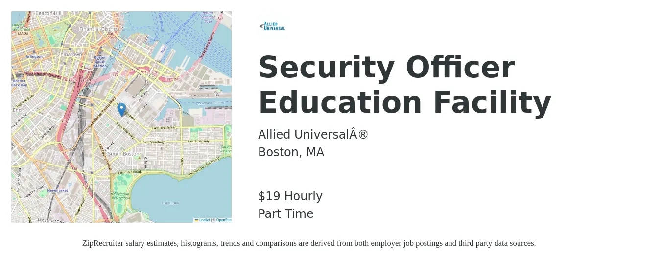 Allied Universal® job posting for a Security Officer Education Facility in Boston, MA with a salary of $20 Hourly with a map of Boston location.