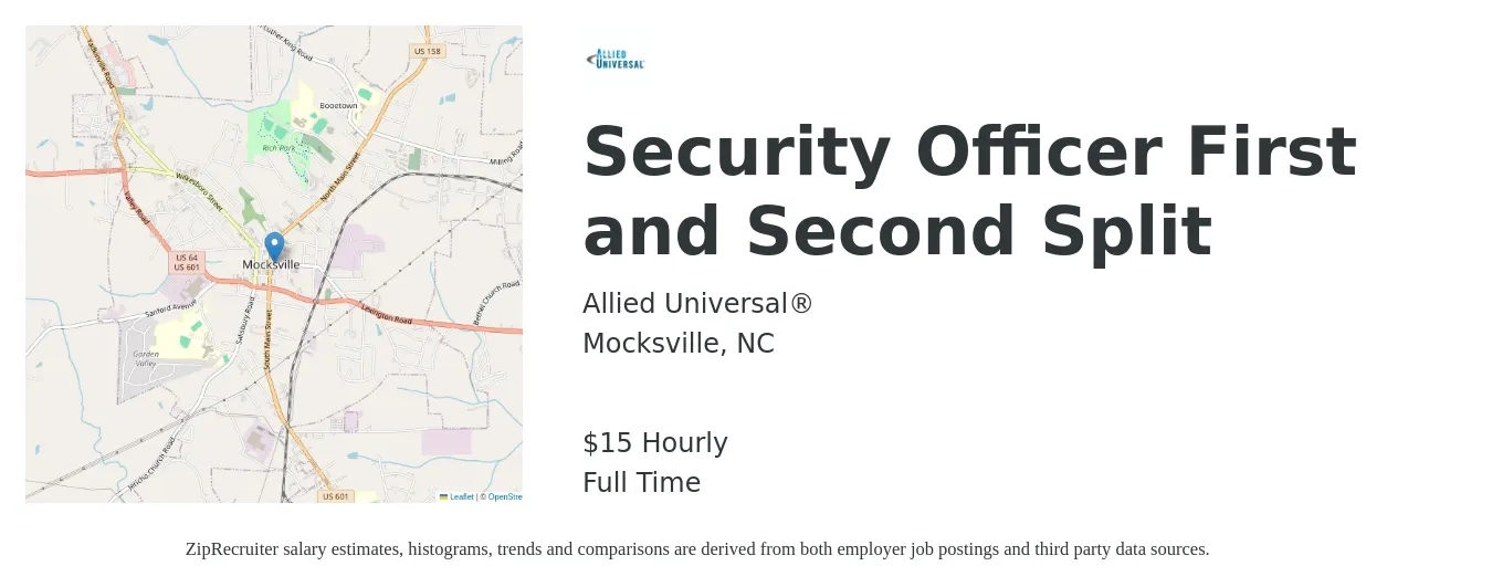 Allied Universal® job posting for a Security Officer First and Second Split in Mocksville, NC with a salary of $16 Hourly with a map of Mocksville location.