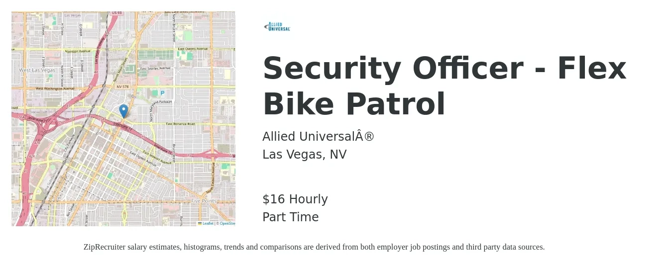 Allied Universal® job posting for a Security Officer - Flex Bike Patrol in Las Vegas, NV with a salary of $18 Hourly with a map of Las Vegas location.
