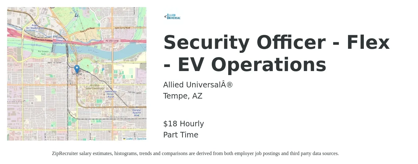 Allied Universal® job posting for a Security Officer - Flex - EV Operations in Tempe, AZ with a salary of $19 Hourly with a map of Tempe location.