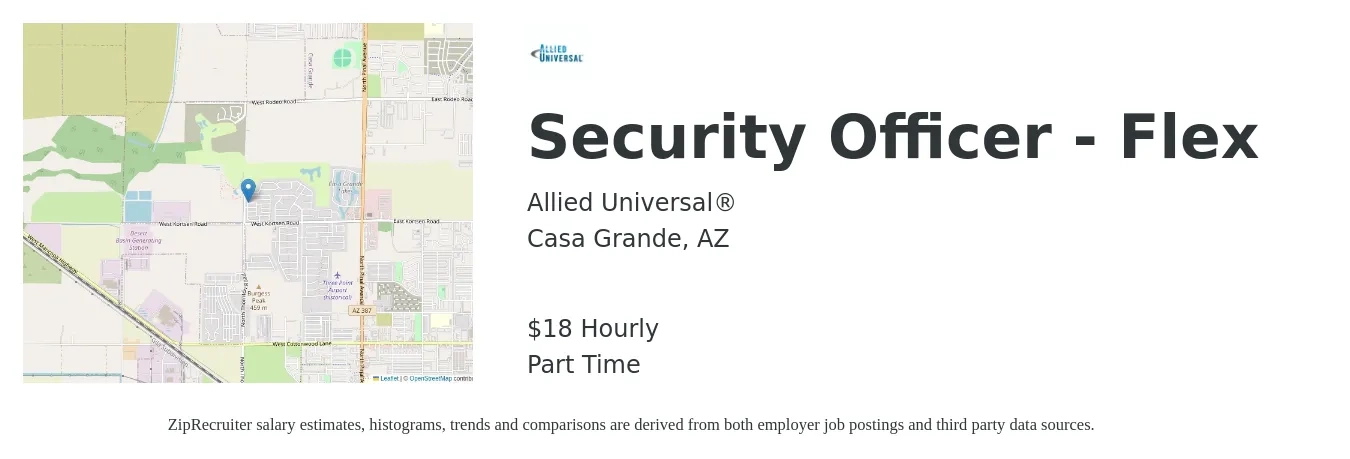 Allied Universal® job posting for a Security Officer - Flex in Casa Grande, AZ with a salary of $19 Hourly with a map of Casa Grande location.