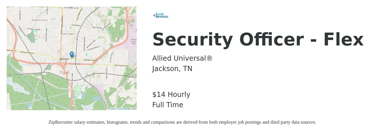 Allied Universal® job posting for a Security Officer - Flex in Jackson, TN with a salary of $16 Hourly with a map of Jackson location.