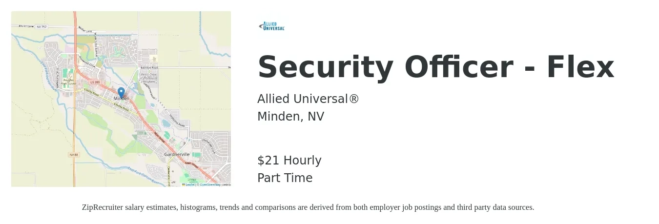 Allied Universal job posting for a Security Officer - Flex in Minden, NV with a salary of $22 Hourly with a map of Minden location.