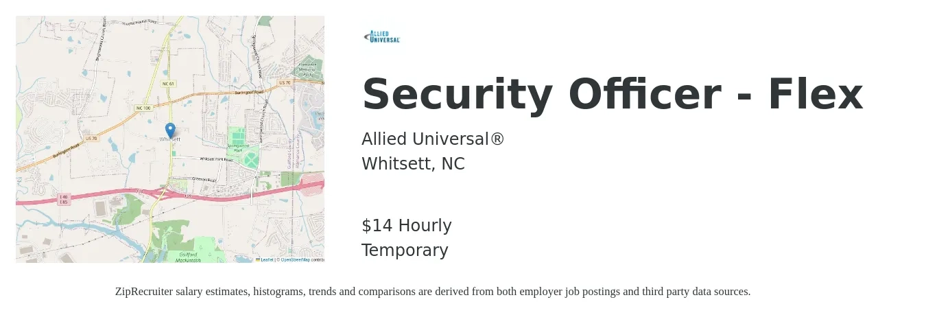 Allied Universal job posting for a Security Officer - Flex in Whitsett, NC with a salary of $15 Hourly with a map of Whitsett location.