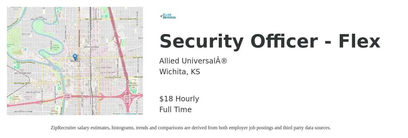 Allied Universal® job posting for a Security Officer - Flex in Wichita, KS with a salary of $19 Hourly with a map of Wichita location.
