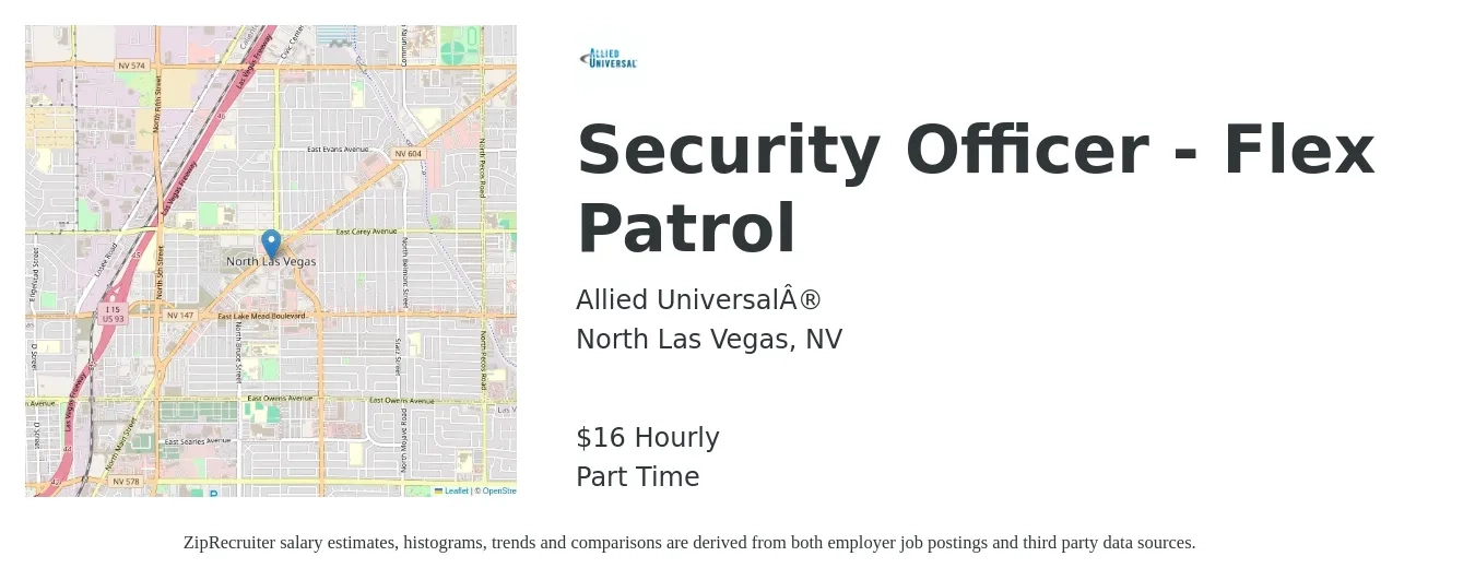 Allied Universal® job posting for a Security Officer - Flex Patrol in North Las Vegas, NV with a salary of $17 Hourly with a map of North Las Vegas location.