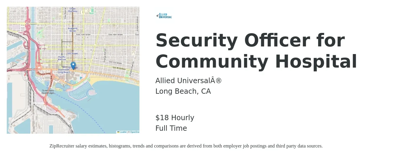 Allied Universal® job posting for a Security Officer for Community Hospital in Long Beach, CA with a salary of $19 Hourly with a map of Long Beach location.