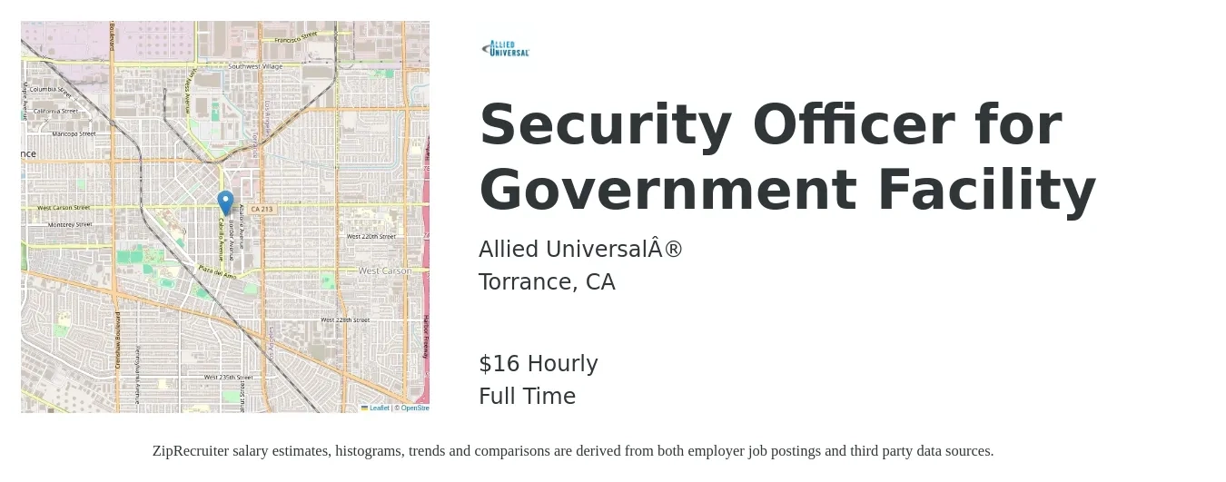 Allied Universal® job posting for a Security Officer for Government Facility in Torrance, CA with a salary of $17 Hourly with a map of Torrance location.