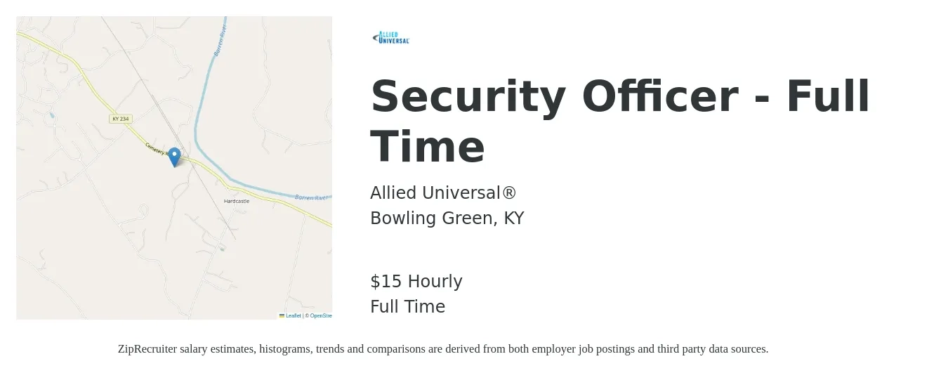 Allied Universal® job posting for a Security Officer - Full Time in Bowling Green, KY with a salary of $17 Hourly with a map of Bowling Green location.