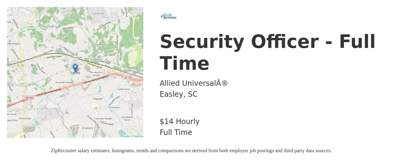 Allied Universal® job posting for a Security Officer - Full Time in Easley, SC with a salary of $15 Hourly with a map of Easley location.