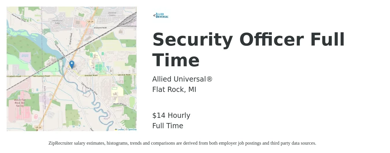 Allied Universal® job posting for a Security Officer - Full Time in Flat Rock, MI with a salary of $17 Hourly with a map of Flat Rock location.