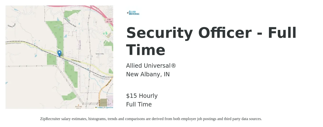 Allied Universal® job posting for a Security Officer - Full Time in New Albany, IN with a salary of $16 Hourly with a map of New Albany location.