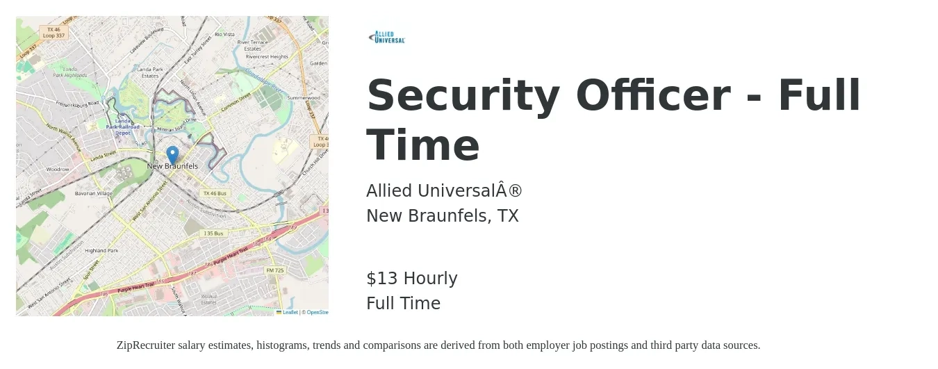 Allied Universal® job posting for a Security Officer - Full Time in New Braunfels, TX with a salary of $14 Hourly with a map of New Braunfels location.