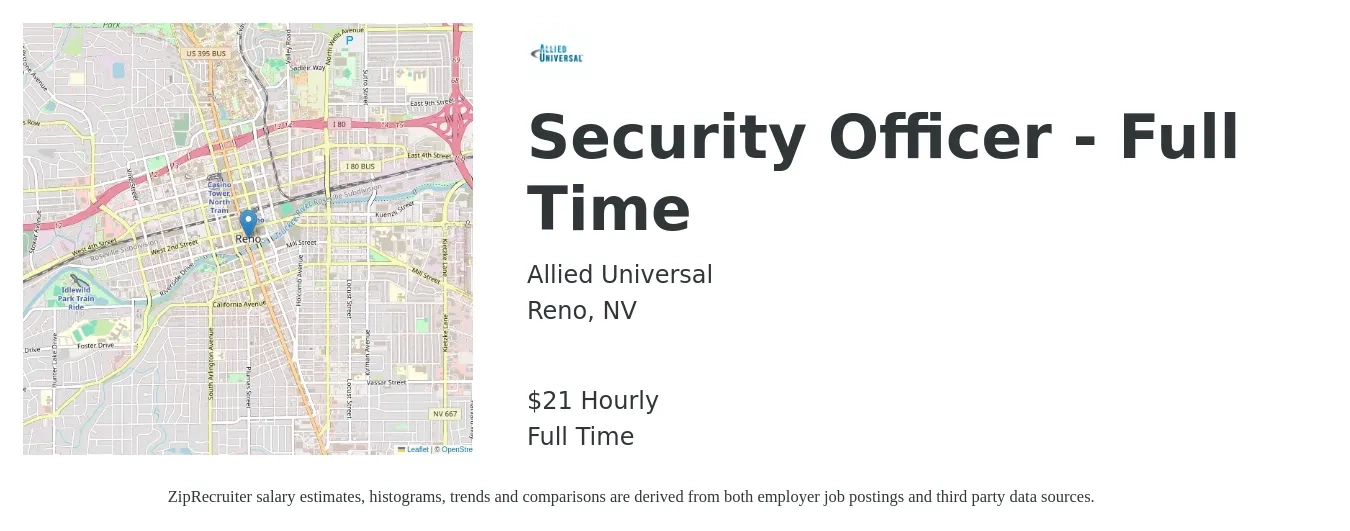 Allied Universal job posting for a Security Officer - Full Time in Reno, NV with a salary of $23 Hourly with a map of Reno location.