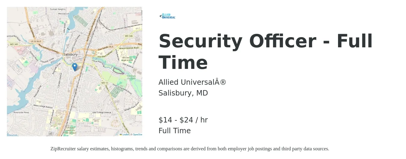 Allied Universal® job posting for a Security Officer - Full Time in Salisbury, MD with a salary of $15 Hourly with a map of Salisbury location.