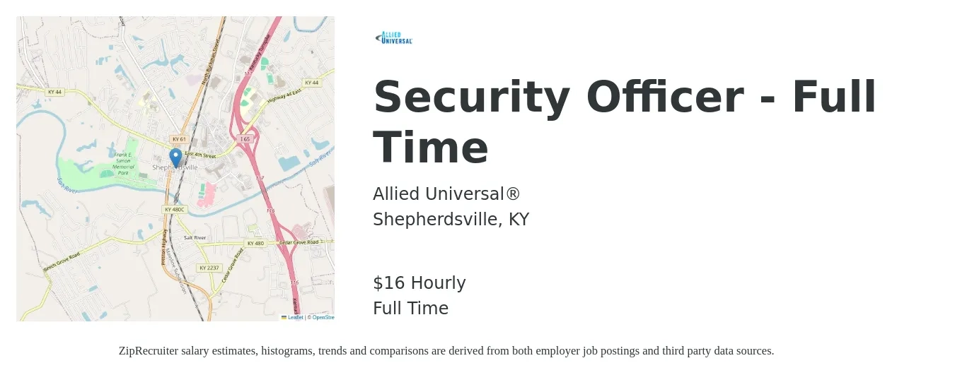 Allied Universal® job posting for a Security Officer - Full Time in Shepherdsville, KY with a salary of $16 Hourly with a map of Shepherdsville location.