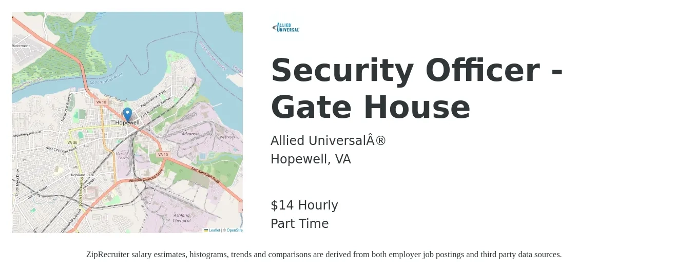 Allied Universal® job posting for a Security Officer - Gate House in Hopewell, VA with a salary of $15 Hourly with a map of Hopewell location.