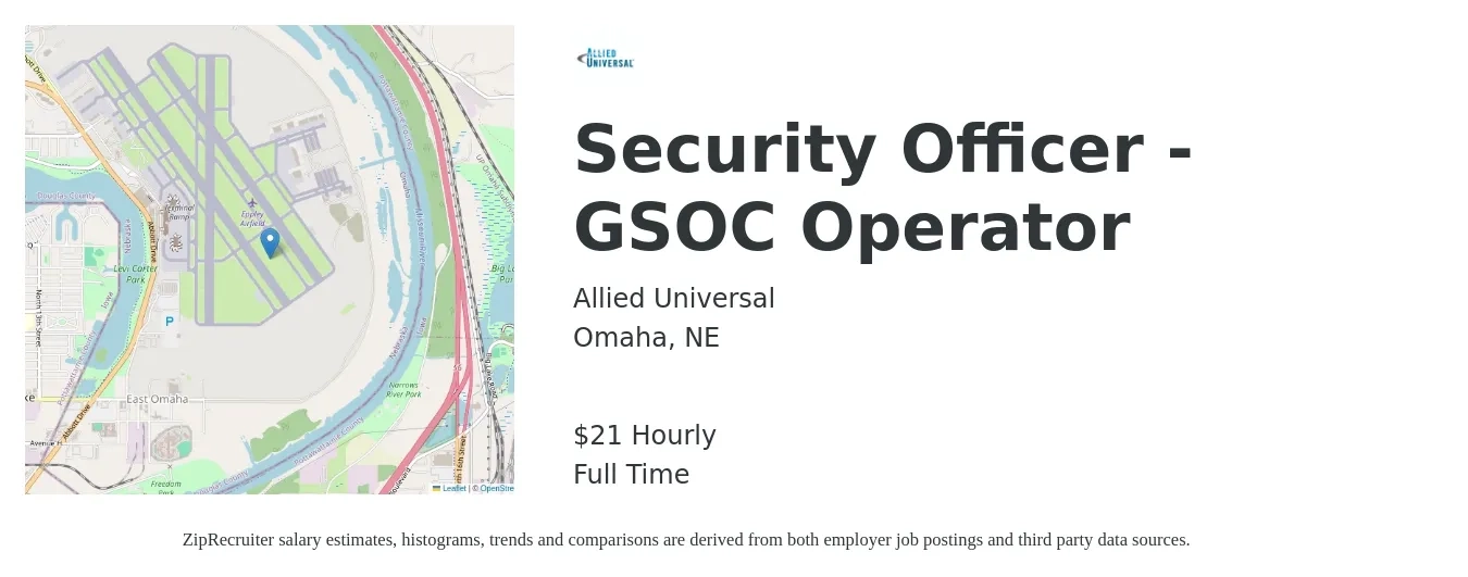 Allied Universal® job posting for a Security Officer - GSOC Operator in Omaha, NE with a salary of $2,900 Weekly with a map of Omaha location.