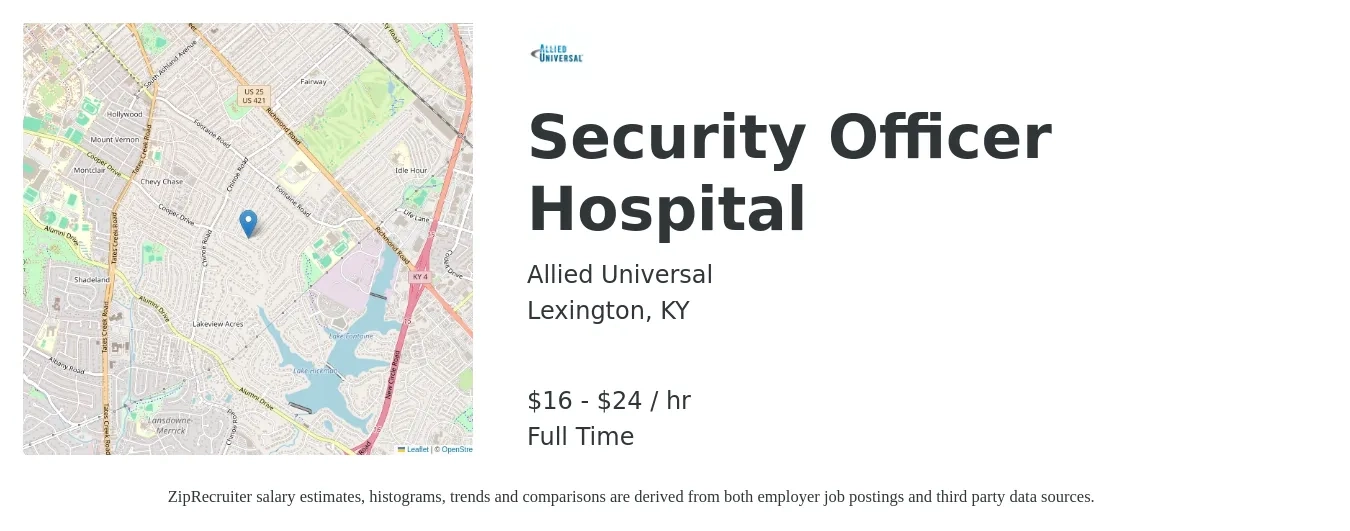 Allied Universal job posting for a Security Officer - Hospital in Lexington, KY with a salary of $17 Hourly with a map of Lexington location.
