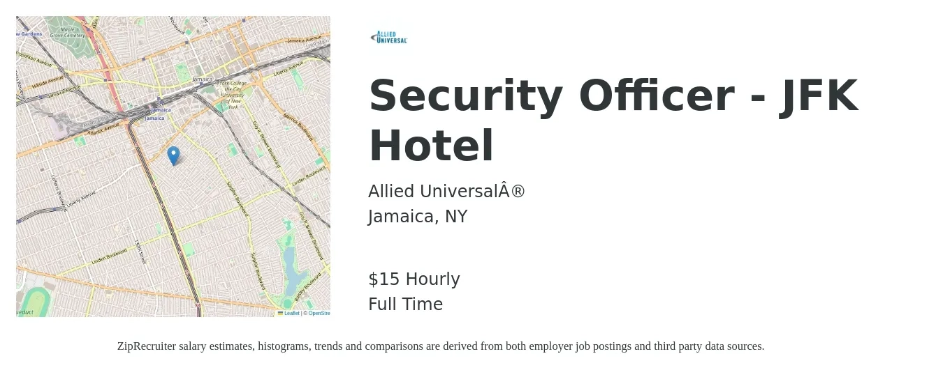 Allied Universal® job posting for a Security Officer - JFK Hotel in Jamaica, NY with a salary of $16 Hourly with a map of Jamaica location.