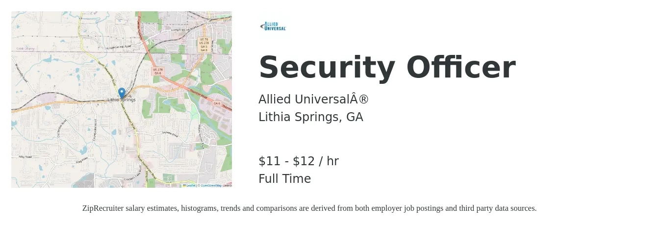 Allied Universal® job posting for a Security Officer in Lithia Springs, GA with a salary of $12 to $13 Hourly with a map of Lithia Springs location.