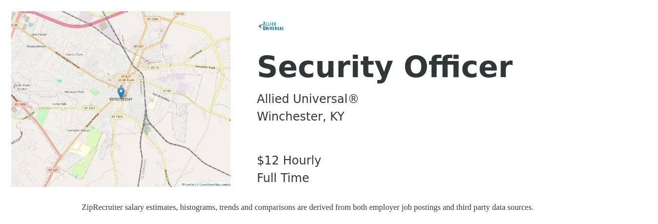 Allied Universal job posting for a Security Officer in Winchester, KY with a salary of $13 Hourly with a map of Winchester location.