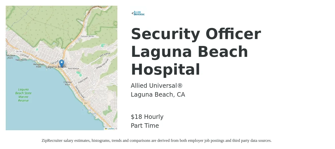 Allied Universal job posting for a Security Officer Laguna Beach Hospital in Laguna Beach, CA with a salary of $19 Hourly with a map of Laguna Beach location.