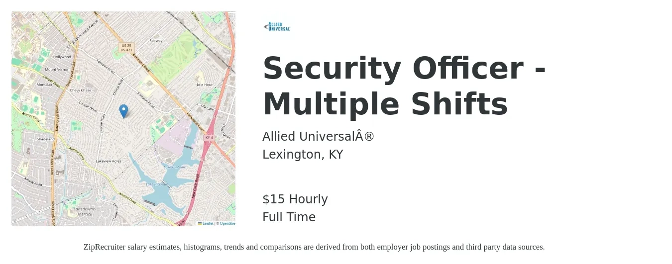 Allied Universal job posting for a Security Officer - Multiple Shifts in Lexington, KY with a salary of $16 Hourly with a map of Lexington location.