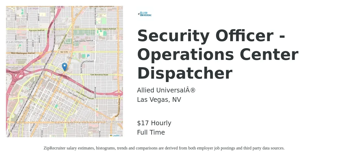 Allied Universal® job posting for a Security Officer - Operations Center Dispatcher in Las Vegas, NV with a salary of $18 Hourly with a map of Las Vegas location.