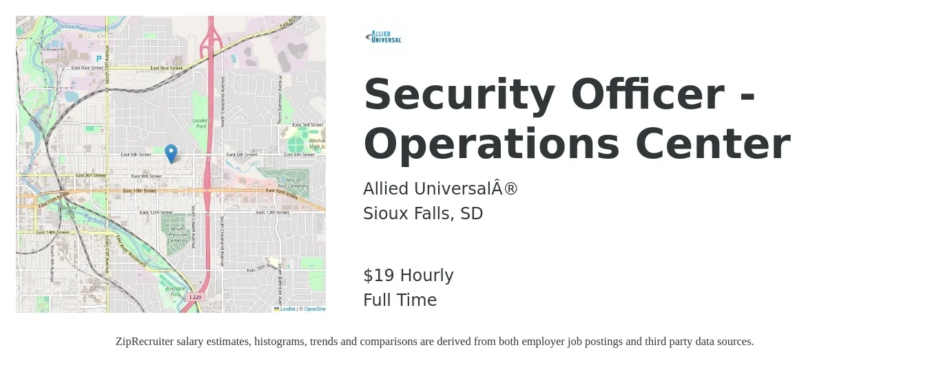 Allied Universal® job posting for a Security Officer - Operations Center in Sioux Falls, SD with a salary of $20 Hourly with a map of Sioux Falls location.