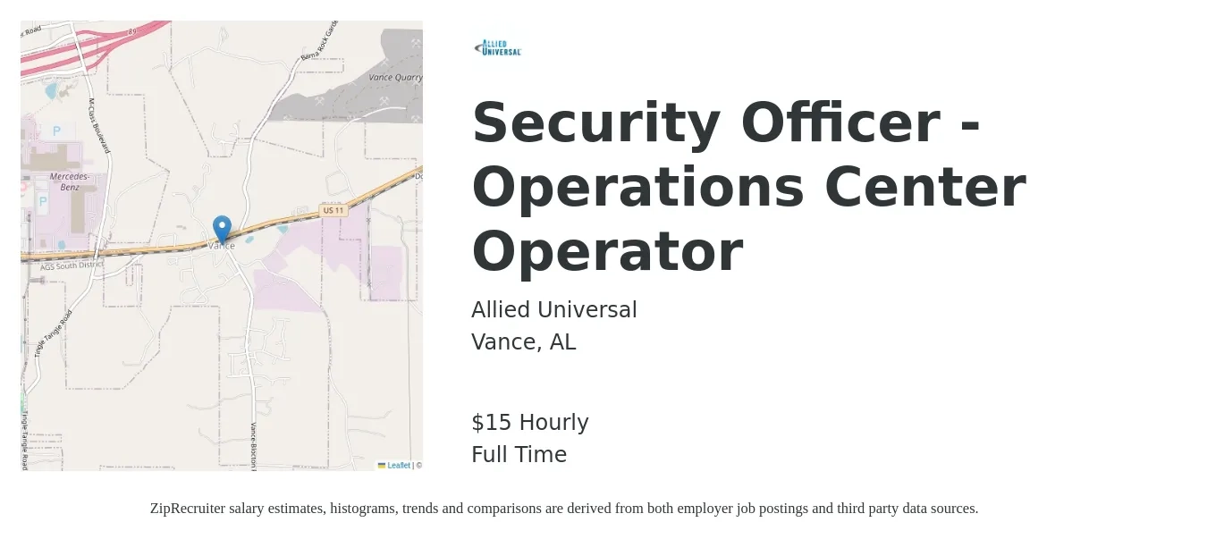 Allied Universal® job posting for a Security Officer - Operations Center Operator in Vance, AL with a salary of $16 Hourly with a map of Vance location.