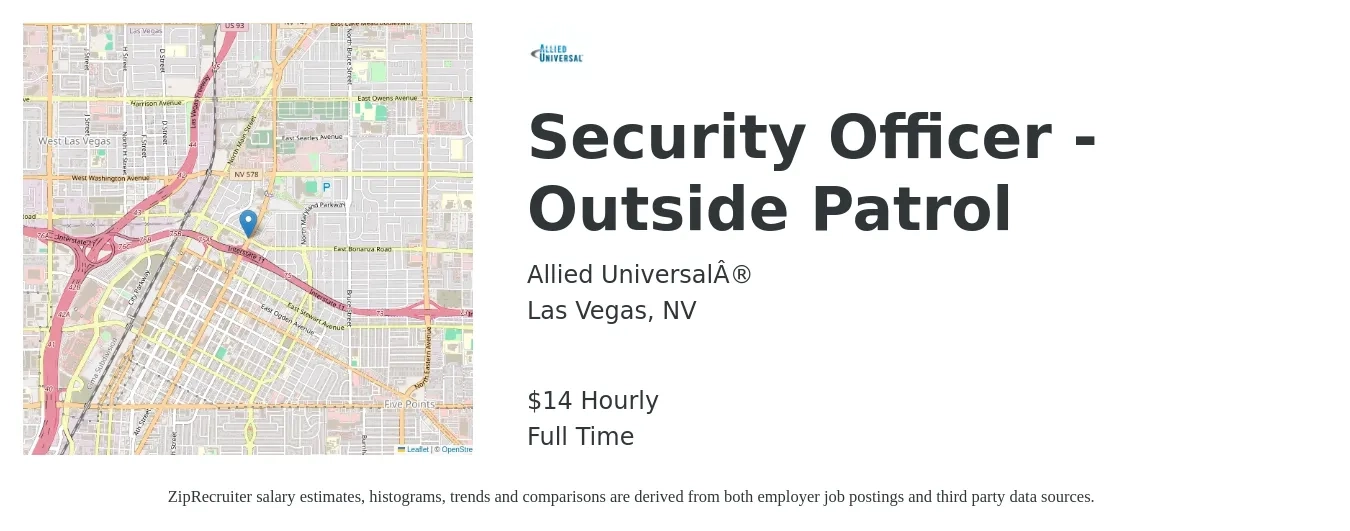 Allied Universal job posting for a Security Officer - Outside Patrol in Las Vegas, NV with a salary of $16 Hourly with a map of Las Vegas location.