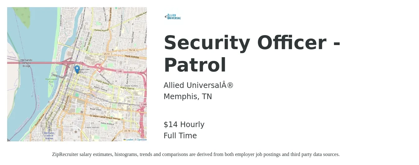 Allied Universal® job posting for a Security Officer - Patrol in Memphis, TN with a salary of $15 Hourly with a map of Memphis location.