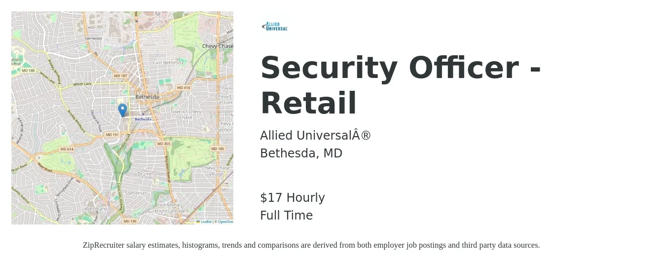 Allied Universal job posting for a Security Officer - Retail in Bethesda, MD with a salary of $18 Hourly with a map of Bethesda location.