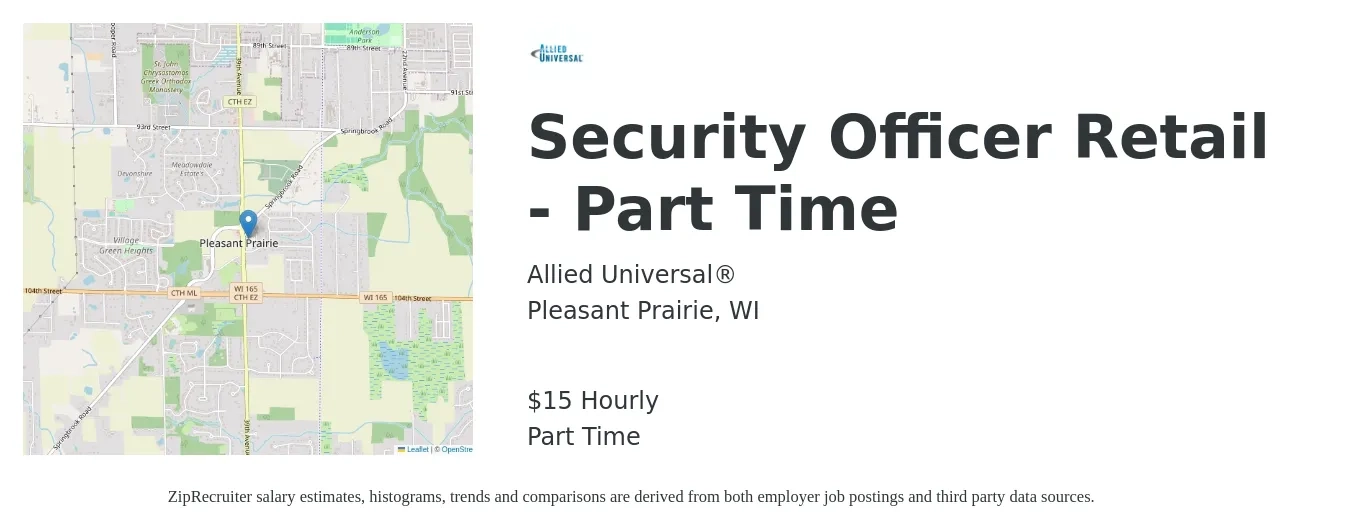 Allied Universal job posting for a Security Officer Retail - Part Time in Pleasant Prairie, WI with a salary of $16 Hourly with a map of Pleasant Prairie location.