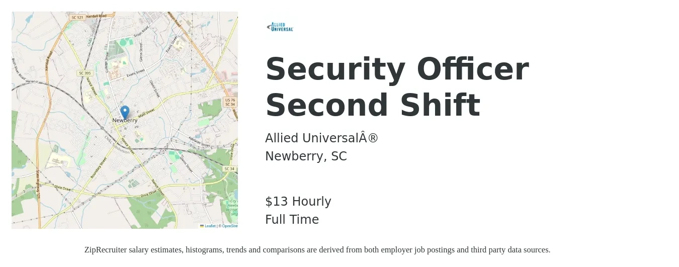 Allied Universal job posting for a Security Officer Second Shift in Newberry, SC with a salary of $14 Hourly with a map of Newberry location.