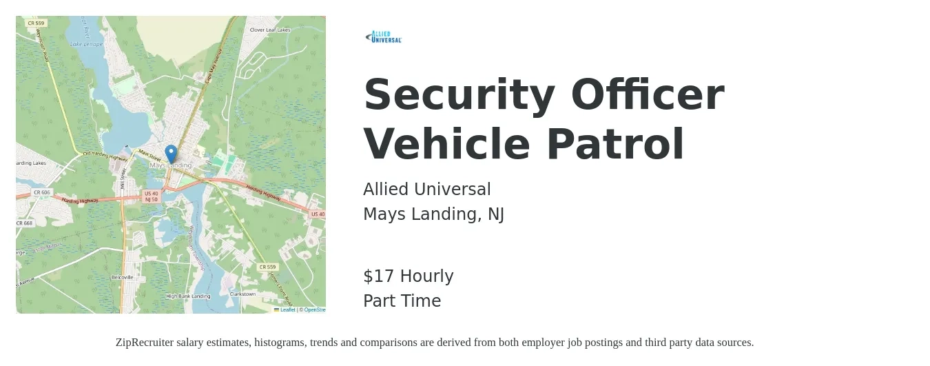 Allied Universal® job posting for a Security Officer Vehicle Patrol in Mays Landing, NJ with a salary of $18 Hourly with a map of Mays Landing location.