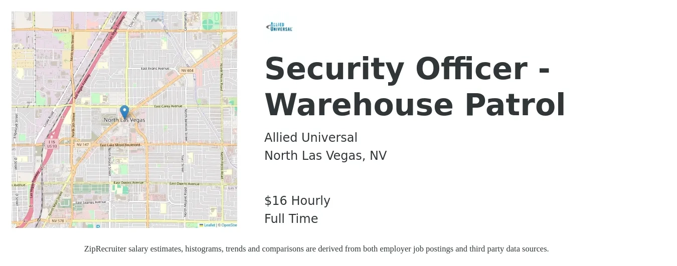 Allied Universal® job posting for a Security Officer - Warehouse Patrol in North Las Vegas, NV with a salary of $19 Hourly with a map of North Las Vegas location.