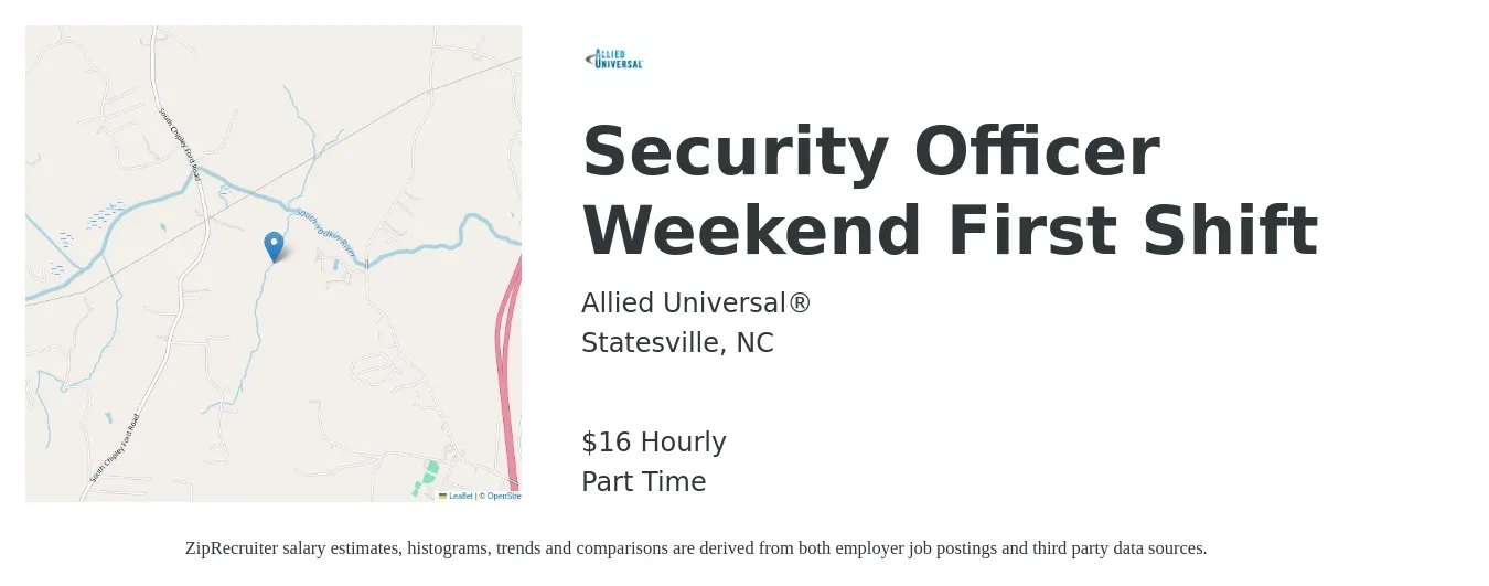 Allied Universal® job posting for a Security Officer Weekend First Shift in Statesville, NC with a salary of $14 Hourly with a map of Statesville location.