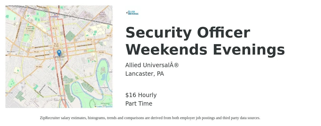 Allied Universal® job posting for a Security Officer Weekends Evenings in Lancaster, PA with a salary of $17 Hourly with a map of Lancaster location.