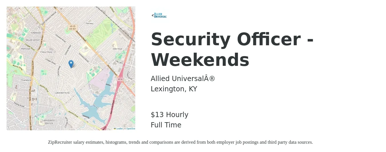 Allied Universal® job posting for a Security Officer - Weekends in Lexington, KY with a salary of $14 Hourly with a map of Lexington location.