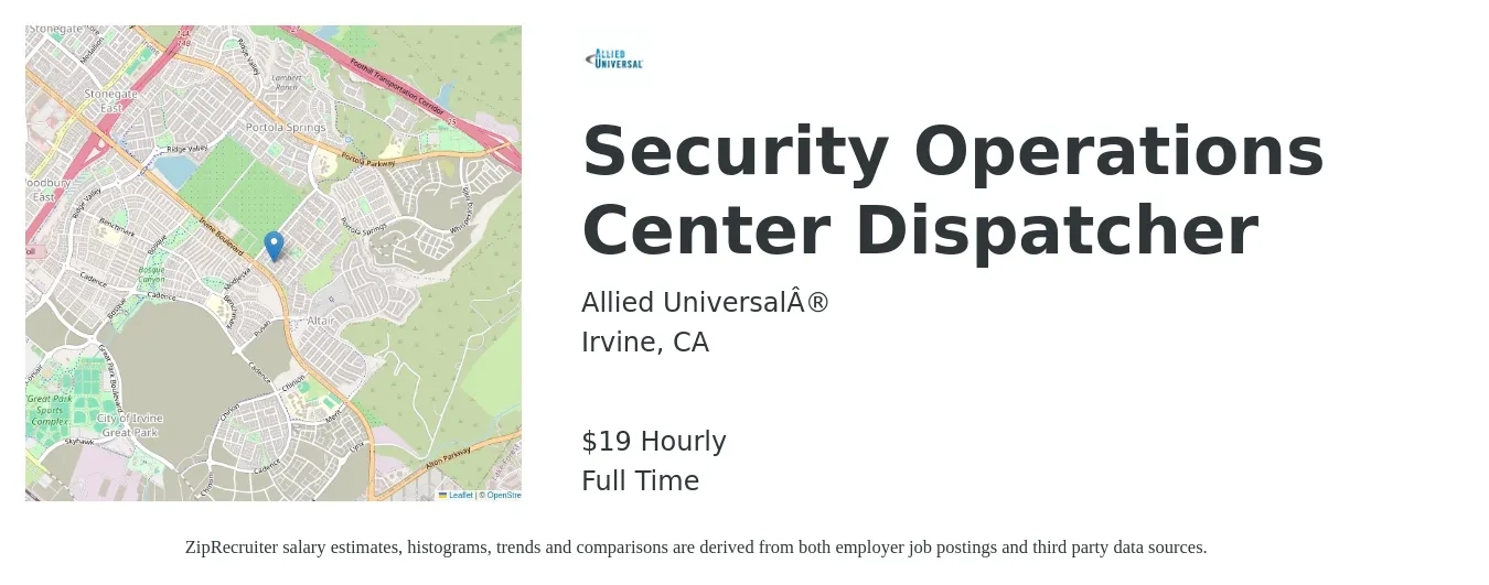Allied Universal® job posting for a Security Operations Center Dispatcher in Irvine, CA with a salary of $20 to $25 Hourly with a map of Irvine location.