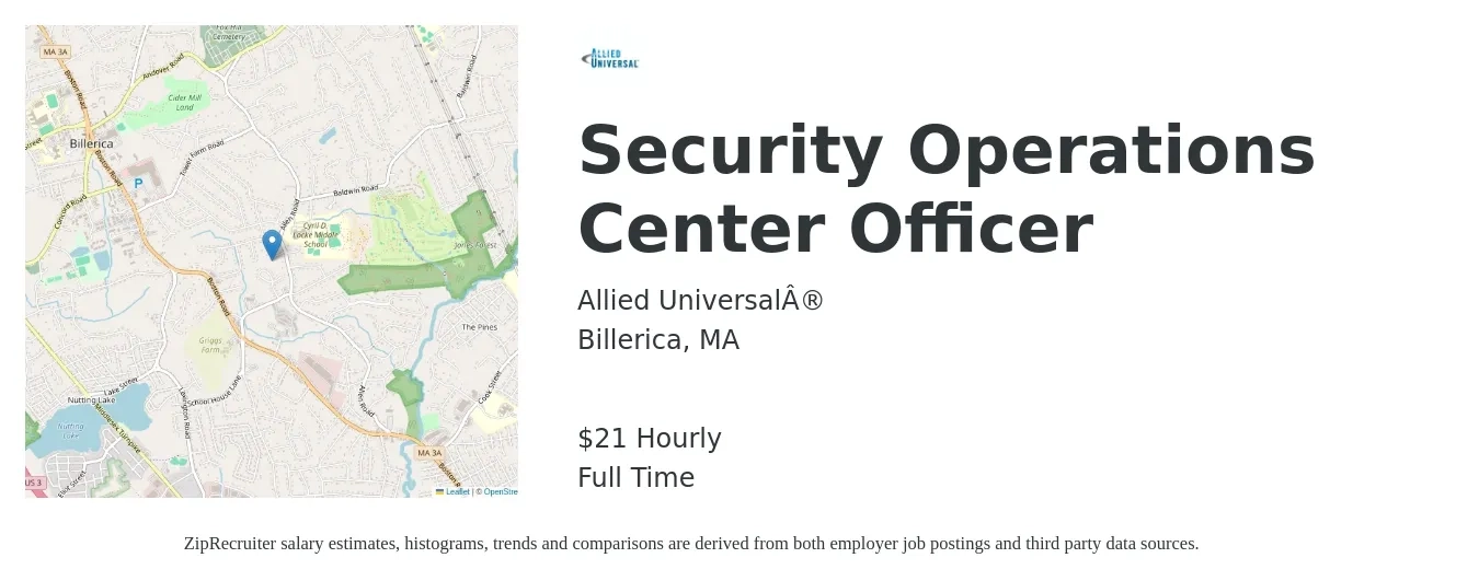 Allied Universal® job posting for a Security Operations Center Officer in Billerica, MA with a salary of $22 Hourly with a map of Billerica location.