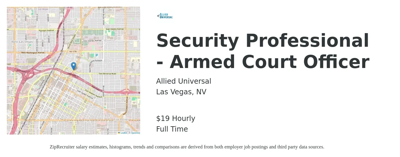 Allied Universal job posting for a Security Professional - Armed Court Officer in Las Vegas, NV with a salary of $20 Hourly with a map of Las Vegas location.